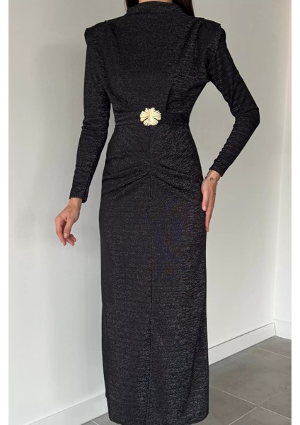 Kadın Dik Yaka Omuz Vatkalı Gold Toka Detaylı Likralı Işıltılı Elbise P-00018926 fiyatları