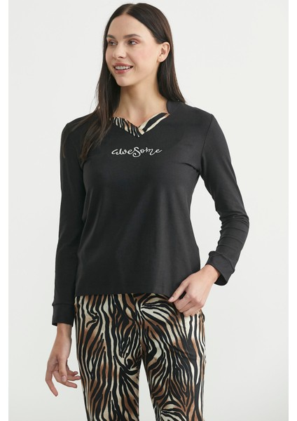 Leopar Kombinli Pijama Takım - Siyah fırsatları