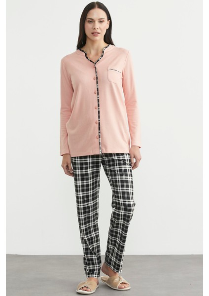 Ekose Kombinli Düğmeli Pijama Takım - Somon