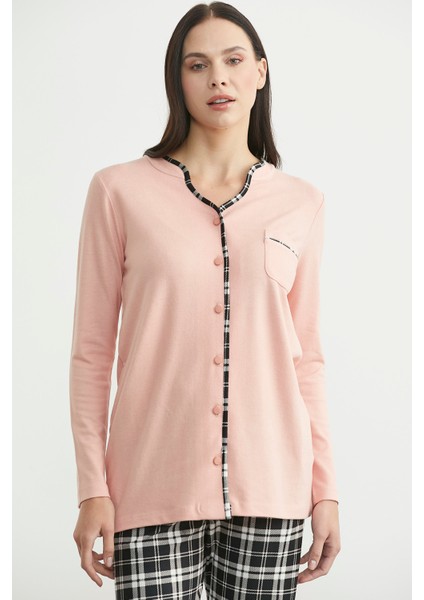 Ekose Kombinli Düğmeli Pijama Takım - Somon fiyatları