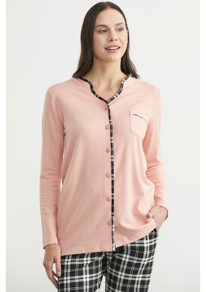 Ekose Kombinli Düğmeli Pijama Takım - Somon modelleri