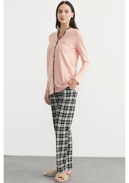 Ekose Kombinli Düğmeli Pijama Takım - Somon fırsatları