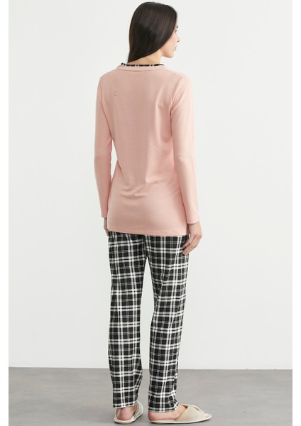 Ekose Kombinli Düğmeli Pijama Takım - Somon indirimleri