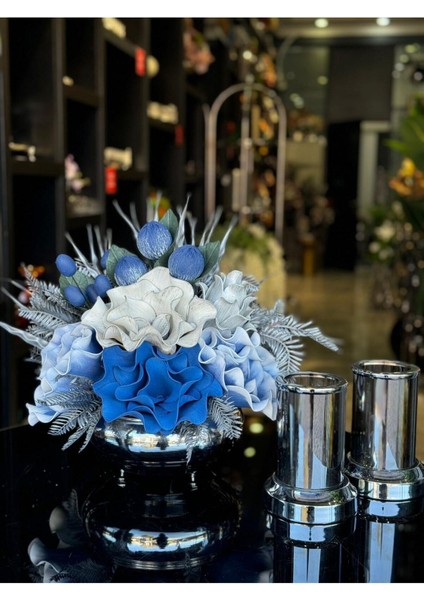 Yapay Çiçekli Gümüş Yassı Vazo 3 Parça Set No:14