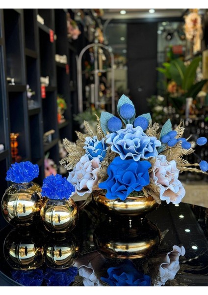 Yapay Çiçekli Gold Yassı Vazo 3 Parça Set No:4