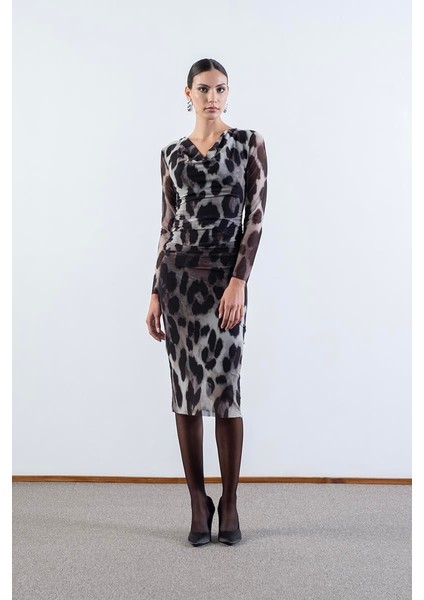 Stellan Degaje Yaka Yanları Büzgülü Elbise Siyah