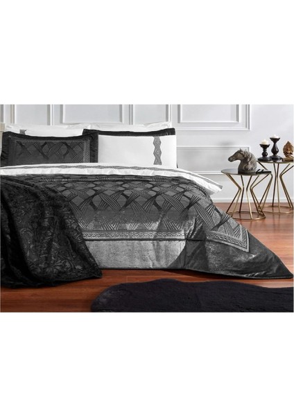 11 Parça Çeyiz Seti (Battaniye+Nevresim Takımı+Yatak Örtüsü)-Velours Antrasit