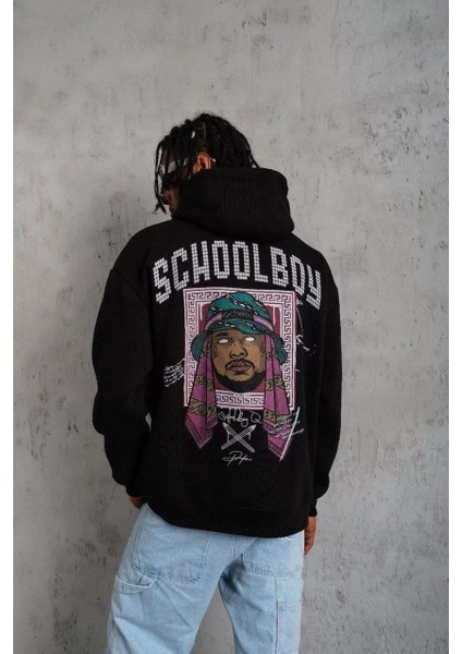 Erkek School Boy Baskılı Kapüşonlu Sweat - Siyah