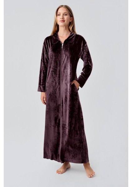 Uzun Kollu Fermuarlı Cepli Esnek Viskoz Kadife Elbise