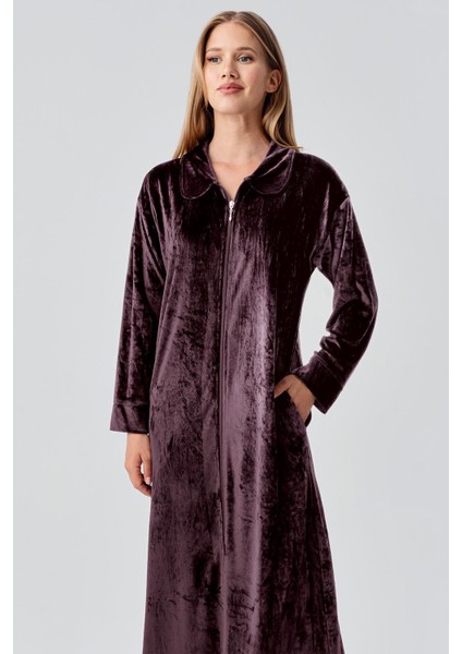 Uzun Kollu Fermuarlı Cepli Esnek Viskoz Kadife Elbise fırsatları