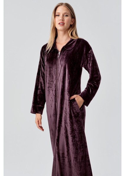 Uzun Kollu Fermuarlı Cepli Esnek Viskoz Kadife Elbise indirimleri