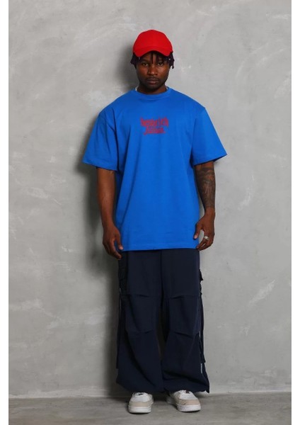 Unisex Oversize Baskılı Bisiklet Yaka T-Shirt - Mavi fiyatları