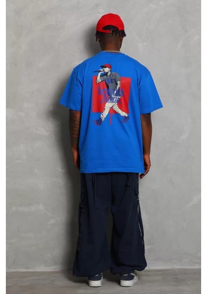 Unisex Oversize Baskılı Bisiklet Yaka T-Shirt - Mavi indirimleri