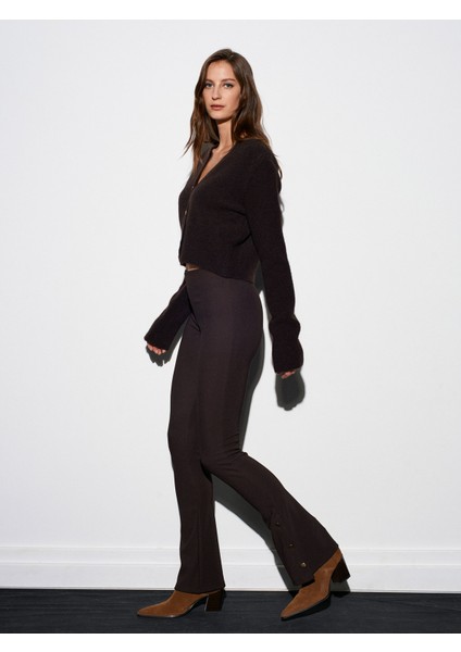 71905 Düğme Detaylı Ispanyol Paça Tayt-Koyu Kahve