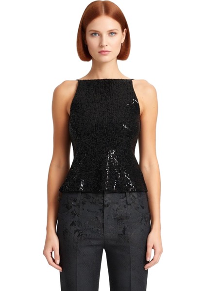 Regular Kalıp Kolsuz Bluz 100% Polyester Payetli Yazlık Şık Dayanıklı Malzeme Yüksek Kalite