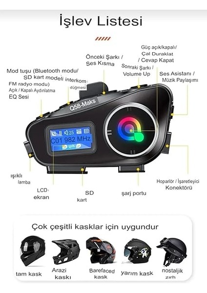 Intercom Bağlantılı Radyolu LCD Ekranlı Işıklı Su Geçirmez Motor Kask Kulaklık Müzik Çalar Q58 Max modelleri