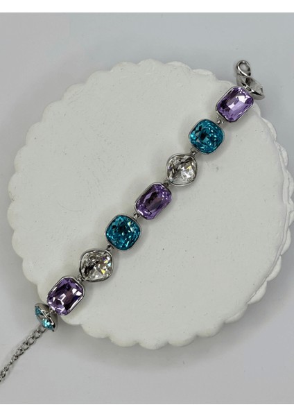 Mavi ve Mor Tonlarında Parlak Taşlı Şekilli Silver Ithal Bileklik
