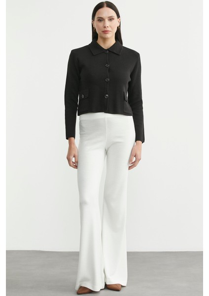 Düğmeli Cep Detaylı Triko Ceket - Siyah