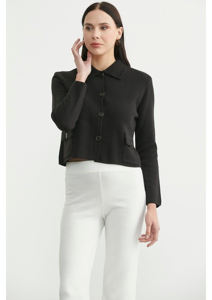 Düğmeli Cep Detaylı Triko Ceket - Siyah modelleri