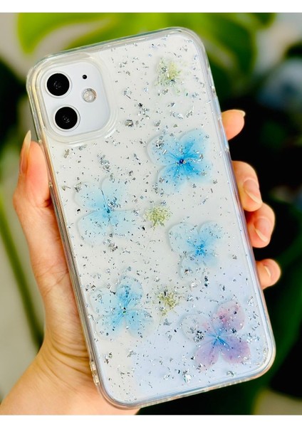 Aksesuar 12 ve 12 Pro ile Uyumlu Mavi Simli Çiçek Tasarım Esnek Silikon Kılıf