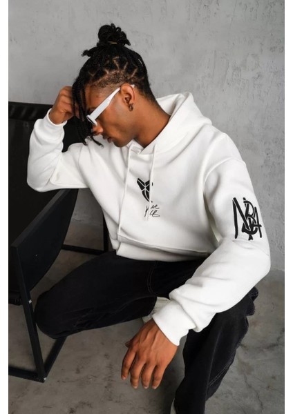 Erkek Baskılı Kapüşonlu Sweat - Beyaz indirimleri