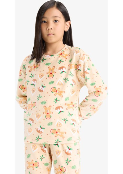 Kız Çocuk Yılbaşı Temalı Pijama Takımı Kadife Uzun Kollu Üst Uzun Alt F1210A825AU modelleri