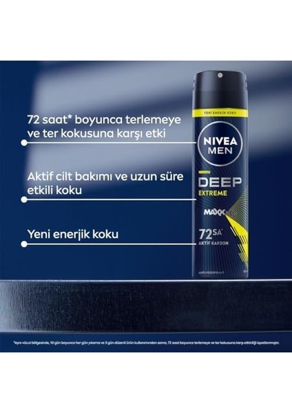 Nıvea Men Erkek Sprey Deodorant Deep Extreme 150ML, 72 Saat Anti-Perspirant Ter Koruması, Enerjik Koku