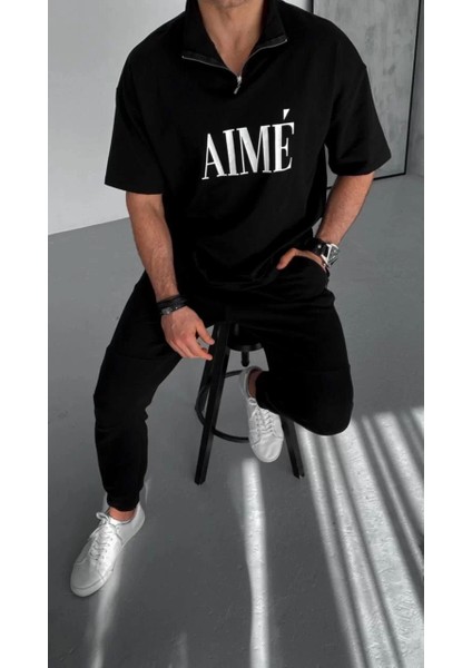 Unisex Yarım Fermuarlı Baskılı T-Shirt - Siyah fiyatları