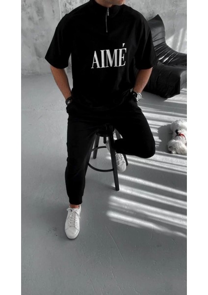 Unisex Yarım Fermuarlı Baskılı T-Shirt - Siyah modelleri