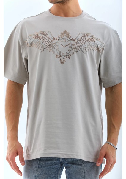 Unisex Oversize Taşlı Bisiklet Yaka T-Shirt - Gri