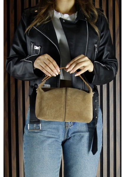 Vizon Hakiki Dana Süet Fermuarlı Askılı Iç Cepli Orta Boy Günlük Omuz Çantası