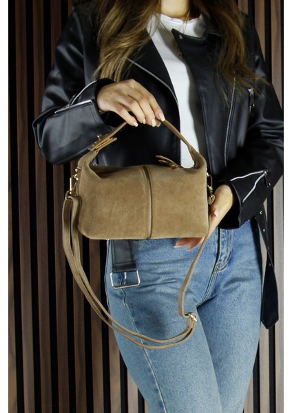 Vizon Hakiki Dana Süet Fermuarlı Askılı Iç Cepli Orta Boy Günlük Omuz Çantası