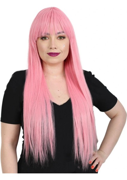 Uzun Kahküllü Fiber Sentetik Peruk - Şeker Pembesi