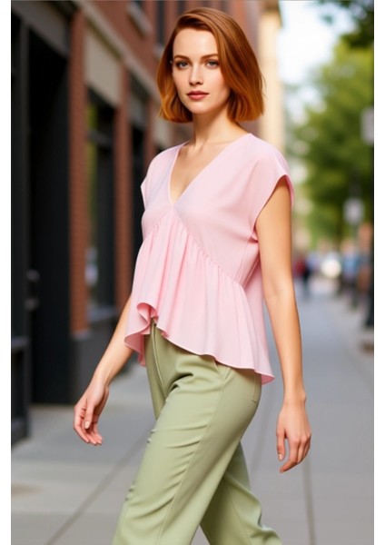 Kadın V Yaka Kolsuz Dökümlü Aerobin Dokuma Bluz Kaliteli Şık Rahat Modern Zarif Günlük