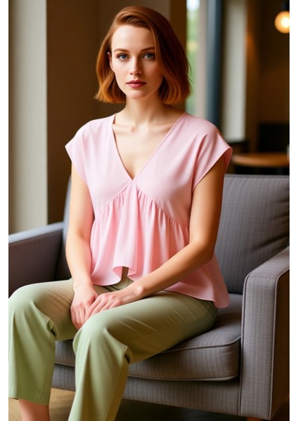 Kadın V Yaka Kolsuz Dökümlü Aerobin Dokuma Bluz Kaliteli Şık Rahat Modern Zarif Günlük fiyatları