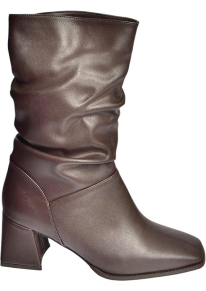 V848256709 Kahverengi Kalın Topuklu Büzgülü Kadın Bot fırsatları