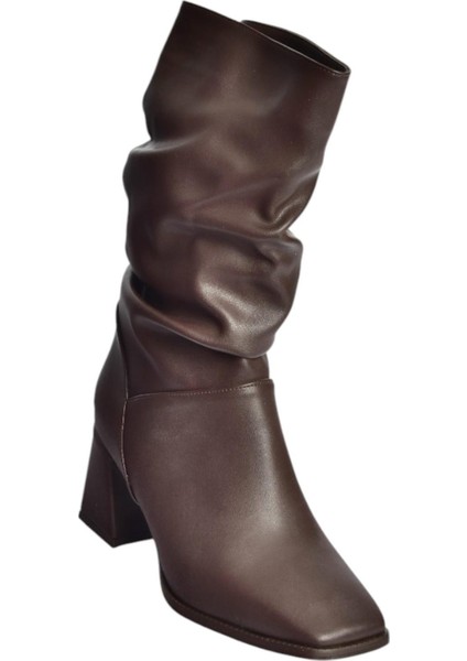 V848256709 Kahverengi Kalın Topuklu Büzgülü Kadın Bot indirimleri