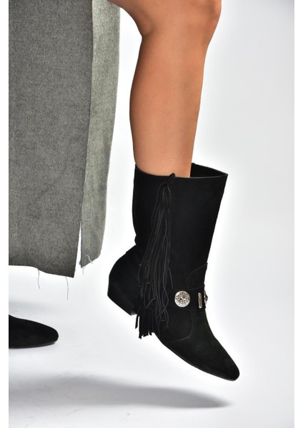V380625502 Siyah Süet Püskül Detaylı Kadın Bot fiyatları