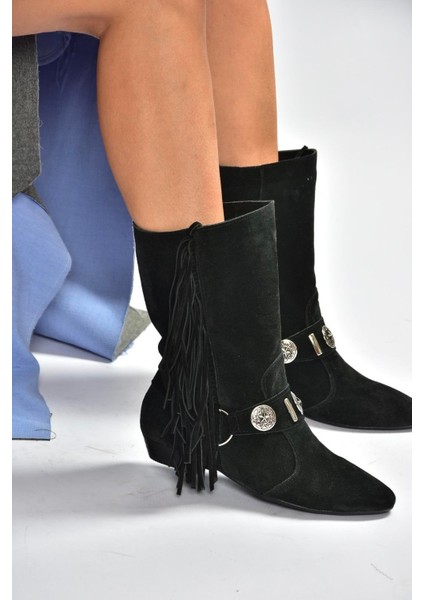 V380625502 Siyah Süet Püskül Detaylı Kadın Bot fırsatları