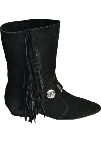 V380625502 Siyah Süet Püskül Detaylı Kadın Bot
