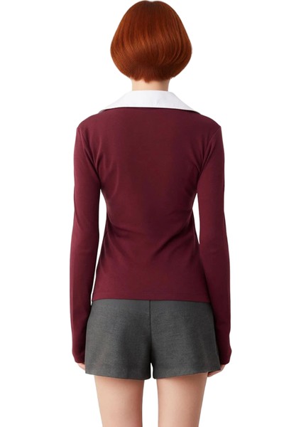 Kadın Moda Şık Uzun Polo Yaka Regular Kalıp Örme Dokuma Detaylı Gömlek Yaka Normal Kalıp Bluz modelleri