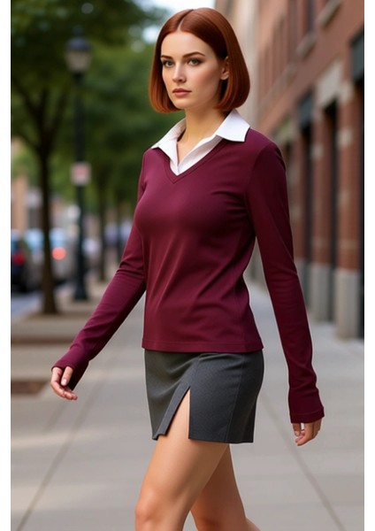 Kadın Moda Şık Uzun Polo Yaka Regular Kalıp Örme Dokuma Detaylı Gömlek Yaka Normal Kalıp Bluz fırsatları