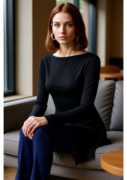 Kadınlar Için Uzun Kollu Asimetrik Bluz Yumuşak Viskon Ribana Kumaş Günlük ve Şık Kullanım