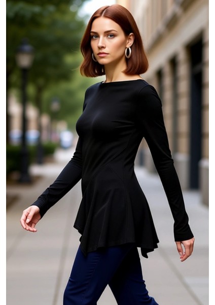 Kadınlar Için Uzun Kollu Asimetrik Bluz Yumuşak Viskon Ribana Kumaş Günlük ve Şık Kullanım fırsatları