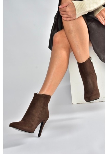 N372524402 Kahverengi Süet Ince Topuklu Kadın Bot