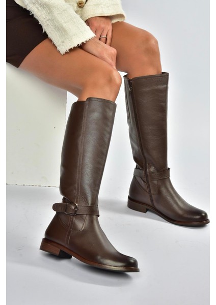 V398750603 Kahverengi Hakiki Deri Alçak Tabanlı Kadın Çizme fırsatları