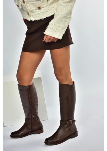 V398750603 Kahverengi Hakiki Deri Alçak Tabanlı Kadın Çizme indirimleri