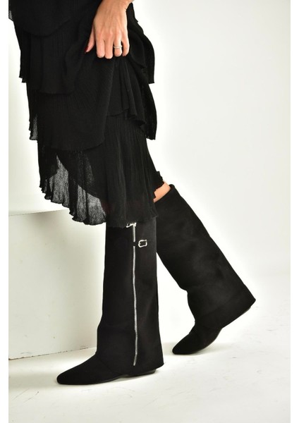 V380526402 Siyah Süet Düz Taban Fermuar Detaylı Kadın Çizme fiyatları