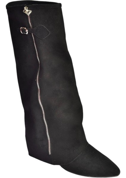 V380526402 Siyah Süet Düz Taban Fermuar Detaylı Kadın Çizme