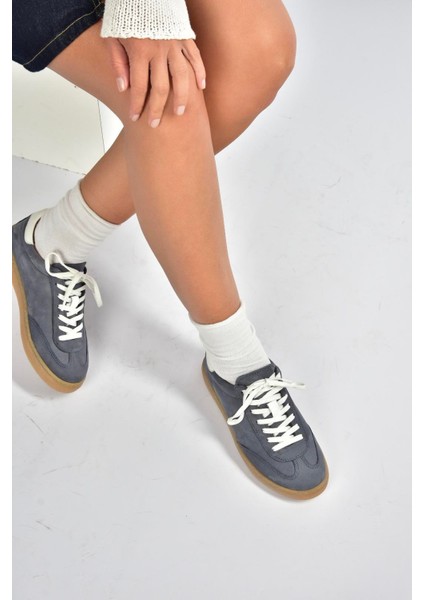 V999061501 Lacivert Hakiki Deri Nubuk Kadın Spor Ayakkabı Sneakers